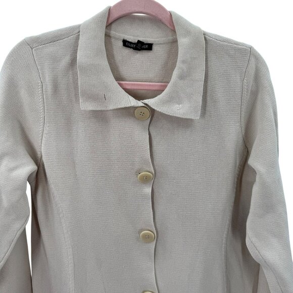 Eileen Fisher Cream Button Front Cardigan Womens L Silk-Cotton Blend Long Sleeve - Picture 2 of 7